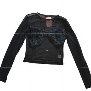 NWT Black Mesh Long Sleeve Crop Top with Bow and Rhinestone Front - Size Small